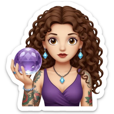 woman with long curly brown hair, brown eyes, white skin, tattoos, holding a crystal ball showing nonsense sticker