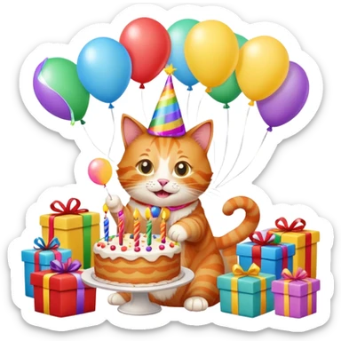 Ginger cat celebrates birthday, birthday hat, birthday cake, balloons, happy, gifts sticker