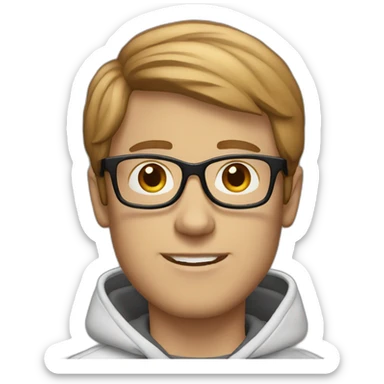 white male brown tapered hair with clear glasses and hoodie sticker