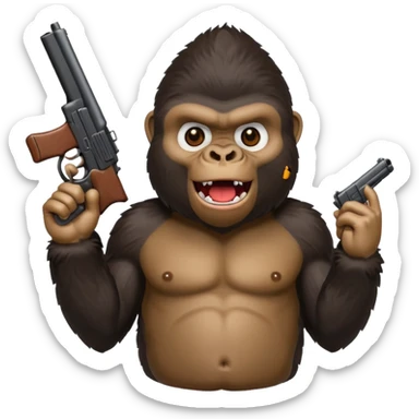 A gorilla holding a gun in the air making a silly face sticker