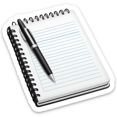 Front-facing notebook icon with a pen on the right side, minimal line-art, clean modern style, perfectly straight angle (no tilt), simple outlines, slightly 3D, no background, transparent, “documenting / journaling / tracking progress sticker