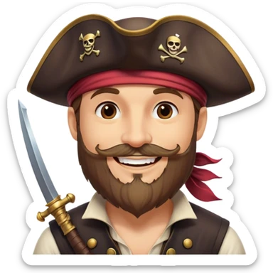 Clash of Clans aesthetic Cheerful Pirate Portrait Emoji, With a bright, confident smile and a relaxed yet adventurous posture, showcasing a stylized, rugged build with a classic pirate hat and a neatly groomed beard, his face in natural skin tone, Simplified yet expressive features, highly detailed, glowing with a soft, luminous maritime radiance, high shine, upbeat and daring, stylized with an air of classic swashbuckler allure, soft glowing outline, capturing the essence of a cheerful pirate ready to chart epic voyages! sticker