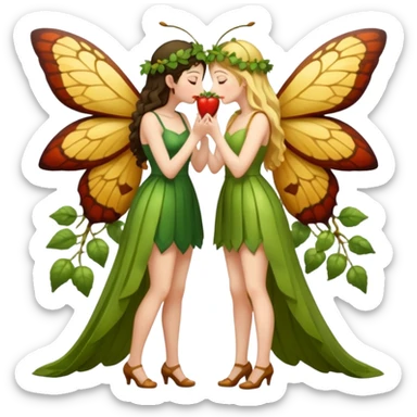 full body two women kissing, fruit vine outfits and moth swarm halo sticker