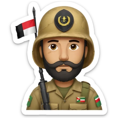 A tired, swarthy Iraqi soldier with a beard, an Iraqi flag on his helmet, a sad expression and bags under his eyes sticker