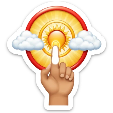 "Create an emoji representation of a hand holding other. One hand with index finger pointing up, surrounded by clouds and sun rays, with a red ring on the ring finger." sticker