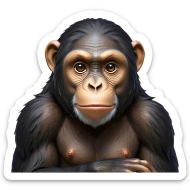 Cinematic Noble Chimpanzee Portrait Emoji, Poised and wise, with a lean, agile build adorned with textured fur and deep, thoughtful eyes, Simplified yet sharp and sophisticated features, highly detailed, glowing with a soft, contemplative glow, high shine, intelligent and vigilant, stylized with an air of primate regality, focused and attentive, soft glowing outline, capturing the essence of a watchful guardian that feels as though it could step out of the screen with effortless authority! sticker