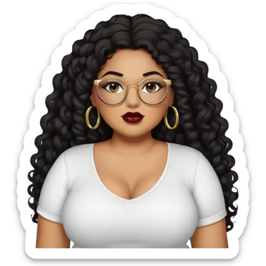 big plus size, latina, darker tan skin, gold hoops, long black curly hair, baddie,pretty, makeup, dark red lipgloss, black eyeliner, long hair, black shirt, black glasses sticker