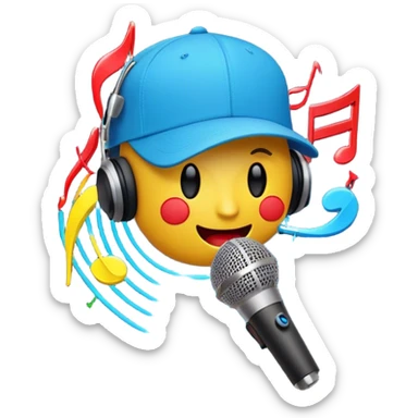 Create a dynamic and energetic emoji that represents beatboxing. The design should feature a microphone with a singing mouth and soundwaves or rhythmic beats emanating from it, symbolizing the vocal percussion and rhythm of beatboxing. Add a cap placed on top of the microphone to reflect street culture and the individuality of the performer. Include musical notes floating around to emphasize the musicality. Use bold, vibrant colors like neon blue, red, and yellow to convey energy and excitement. The background should be transparent sticker