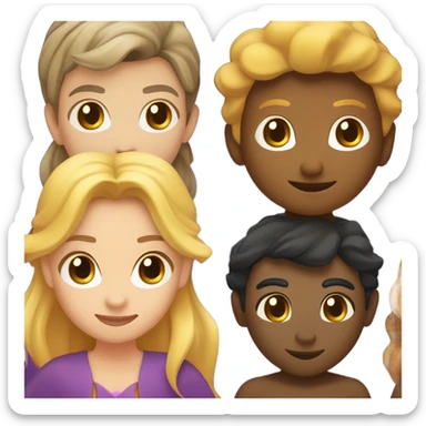 A female witch with light brown hair, a blonde female wizard, an Indian male merman, a female fairy with dark brown hair, shorter than the others, and a female siren with curly brown hair. sticker