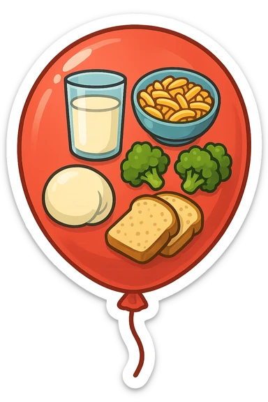 PALLONCINO ROSSO CON DENTRO UNA MOZZARELLA, UN BICCHIERE DI LATTE, UNA BOWL DI PASTA, QUALCHE BROCCOLO, QUALCHE FETTINA DI PANE sticker