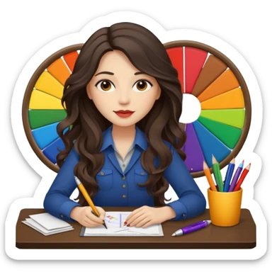 female dark wavy long hair graphic designer , color wheel, pens, papers, desktop sticker