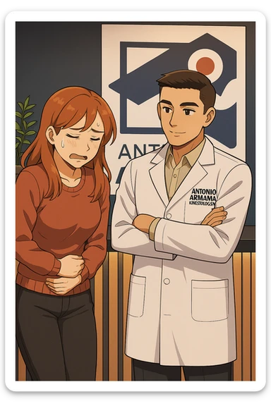 su questo stile fai un manga/webtoon a colori in cui una donna si lamenta che sta male e ha mal di pancia, l'uomo della foto in stile manga gli risponde, mantieni un ambiente simile alla foto che ho allegato con il suo logo (sarebbe il suo studio, lui è un kinesiologo), scrivigli "ANTONIO ANANIA" sul camice bianco, non mettere fumetti, ma fai in modo che sembri che la donna chiede una cosa e l'uomo risponde alla sua domanda sticker