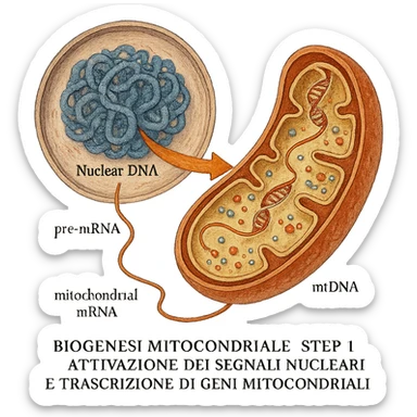 biogenesi mitocondriale, step 1: attivazione dei segnali nucleari e trascrizione di geni mitocondriali, hyperrealistic detailed colored drawing on white textured paper, isolated on white background, visible molecular details sticker