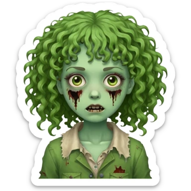 Green zombie emoji girl with curly hair, with curly bangs sticker
