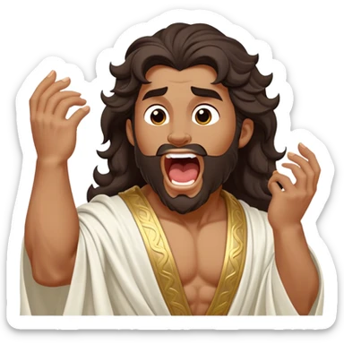 Cinematic Realistic Hercules Portrait, head tilted slightly with a dramatic, wide-open yawn, revealing a moment of relaxed, unguarded strength. His bronze, sculptural skin and thick, wavy dark hair retain their classical beauty even in repose. Draped in a gracefully flowing white robe with subtle golden details, the portrait is bathed in soft natural lighting, capturing a tender glimpse of vulnerability from a timeless Greek hero. sticker