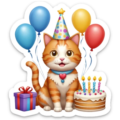 Ginger cat celebrates birthday, birthday hat, birthday cake, balloons, happy, gifts sticker