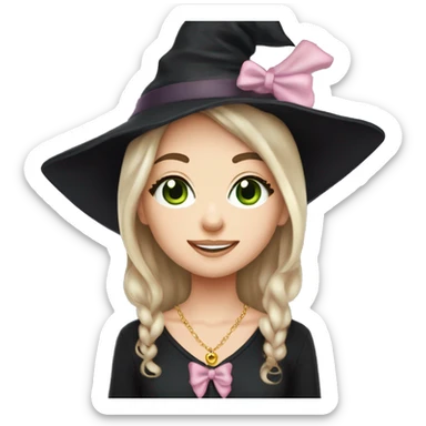 Witchy light brunette haired green eyed light freckles white girl with a witty smile a gold necklace and a black witch hat with a baby pink bow sticker