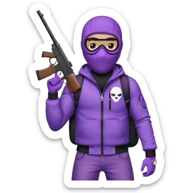 YN wearing a ski mask, holding a gun, purple jeans, Sprayground bookbag, confident stance sticker