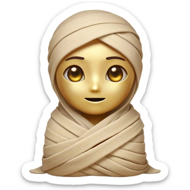 Cinematic Cute Mummy Portrait Emoji, with a delightfully charming, slightly clumsy bandaged form in warm faded tones and subtle hints of gold, featuring wide, curious eyes peeking from the wrappings and a sweet, innocent smile, simplified yet adorably detailed, glowing with a soft, ancient warmth and a gentle outline that captures the playful spirit of an ancient mummy! sticker
