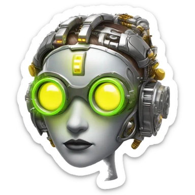 Round faced Caucasian female cyborg head with Neon yellow bobbed hair, silver steampunk goggles and circuits sticker