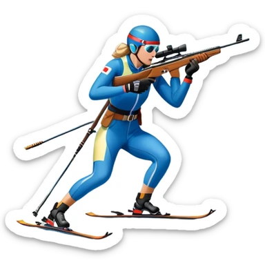 An icon featuring snow-covered trees, distant mountains, and a clear blue sky with a biathlete in motion, holding a rifle and skiing across a snowy course. Transparent background highlights the precision, endurance, and excitement of biathlon. sticker