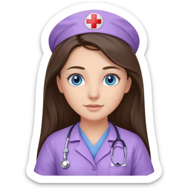 pretty brunette nurse with long hair and blue eyes in lilac scrubs sticker
