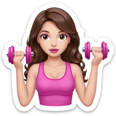 girl with long wavy brown hair, brown eyes, long lashes makeup, sexy pink lips, light to medium complexion, wearing a pink sexy top, lifting a pink dumbells sticker