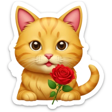 Cute emoji-style yellow tabby cat holding a red rose in its mouth, big round eyes, fluffy fur, clean mascot style, centered, transparent background, 1:1 ratio. sticker