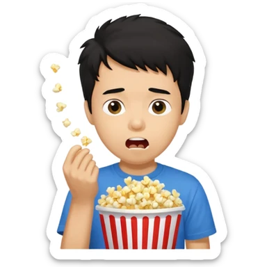 generate a pretty tan bratz boy with a blue tshirt on. eating popcorn. messy black hair sticker