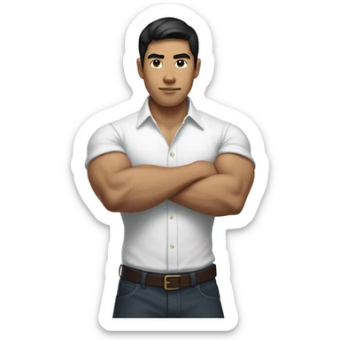 black-haired Asian man wearing a white formal shirt with folded sleeves while having a big biceps sticker
