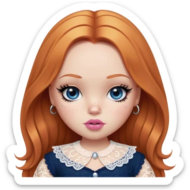 big fat, pretty bratz girl, ginger straight hair, freckles, dark blue eyes, pink lips, black eyeliner, pale skin, cute lace girly clothes sticker