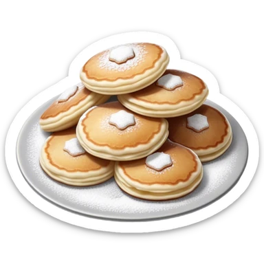 Poffertjes Cinematic Realistic Poffertjes Dessert Emoji, depicted as small, fluffy Dutch pancakes dusted with powdered sugar, rendered with lifelike textures and warm, inviting lighting. sticker