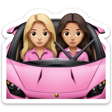 Make car far away so I can see full car Car facing forward in sports car. Make hair long  two girls in car far away Front of car sitting in the seats. Make it a pink sports car. They are two baddies make it a Lamborghini pink car  sticker