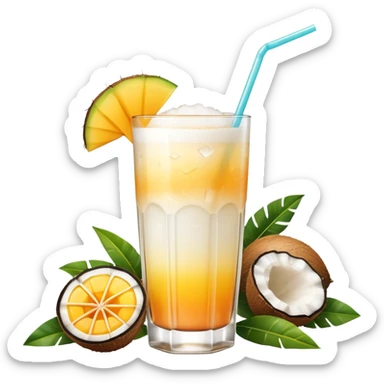 A beautiful cocktail with a creamy white to orange gradient, containing coconut juice and mango, reminiscent of summer. Above, there are tropical flowers, lemon slices, and a straws. sticker