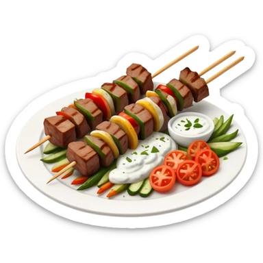 Cinematic Realistic Souvlaki Dish Emoji, showcasing skewered, grilled meat with Mediterranean spices rendered with dynamic textures and warm, appetizing lighting. sticker