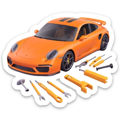 luxury Porsche car with a clearly visible dent on the bodywork, specific paintless dent repair tools such as rods, levers, and small hammers positioned to show active repair, elegant and modern sticker