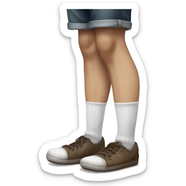 The image show a white young man legs. They are wearing a dirty socks . Their legs are extended, with one foot closer to the camera showing bottom of socks. The person is wearing white socks with no shoes , one of which is on the floor. One leg in air sticker