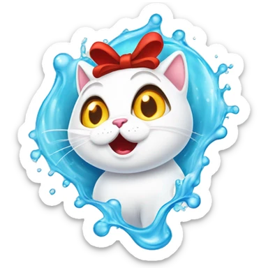A white cartoon cat with a red bow on its left ear, looking unwell. A colorful stream of liquid comes from her mouth in a playful and exaggerated way, giving the image a lighthearted and humorous tone. The scene is drawn in a cute, cartoonish style sticker