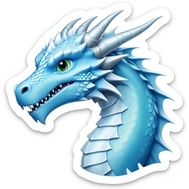 Cinematic Noble elegant Ice Dragon Portrait Emoji, Poised and imposing, distinct long elegant snout, with a slender, scaled body shimmering in glacial hues of icy blue, frostbitten silver, and crystalline white, breathing out frost, with piercing, glowing eyes that radiate the chilling depths of an arctic storm; rendered in detail. sticker