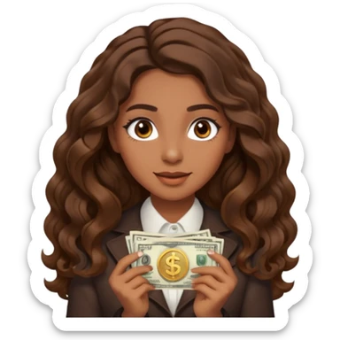She has long, brown hair styled in soft wavy curls with a middle part. She has well-shaped eyebrows and dark brown eyes. She is wearing light makeup that highlights her natural beauty and is offering a slight smile to the camera. She is surprise when it comes to money sticker