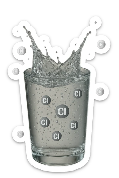 un bicchiere di acqua cade verticalmente dall'alto realistico e dettagliato, dentro l'acqua del bicchiere ci sono particelle di cloro ben visibili con la scritta "Cl" sopra, ci sono particelle anche che escono dal bicchiere e fluttuano in aria verticalmente, mentre alcune sono all'interno dell'acqua nel bicchiere, iperrealistico 4k sticker