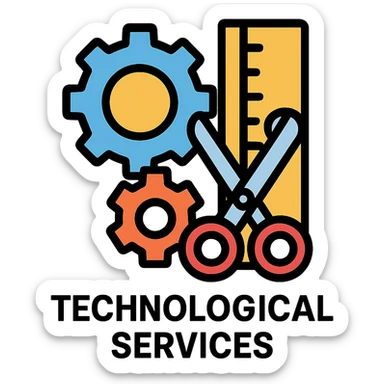 Google Material Design icon for 'Technological Services' depicting simple gears, ruler and scissors icon. sticker