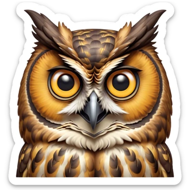Cinematic Comical Great Horned Owl Portrait Emoji, Head tilted dramatically with an exaggeratedly amused expression, featuring a strikingly patterned mottled plumage with bold contrasts, wide, expressive golden eyes filled with playful disbelief, Simplified yet hilariously expressive features, highly detailed, glowing with a slightly sassy glow, high shine, dramatic yet playful, stylized with an air of cheeky nocturnal mischief, bright and endearing, soft glowing outline, capturing the essence of a spirited and over-the-top owl, so meme-worthy it feels like it could hoot its way into internet fame instantly! sticker