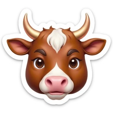 Cinematic Cute Domestic Bull Portrait Emoji, Head tilted playfully and inquisitively, with a sturdy, compact build and a smooth, polished coat of rich copper and brown hues accentuated by gently curved horns, round, sparkling eyes full of curious determination, Simplified yet irresistibly adorable features, highly detailed, glowing with a warm, friendly glow, high shine, affectionate and spirited, stylized with a touch of rustic charm, soft glowing outline, capturing the essence of a mischievous yet loving domestic bull that feels like it could trot out of the screen and into your arms! sticker