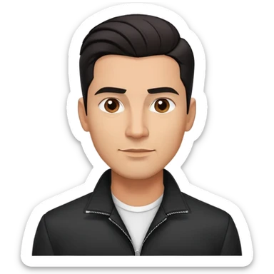 Attractive Hispanic TV host in his early 40s with light brown skin, short straight black hair slicked back with fade on sides, square handsome face with strong jawline, friendly approachable expression, wearing black jacket with white buttoned shirt underneath sticker