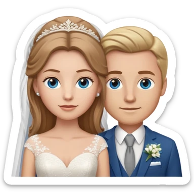 portrait of a bride with light brown hair and grey-blue eyes, and a groom with blonde hair, blue eyes, wearing a brown suit sticker