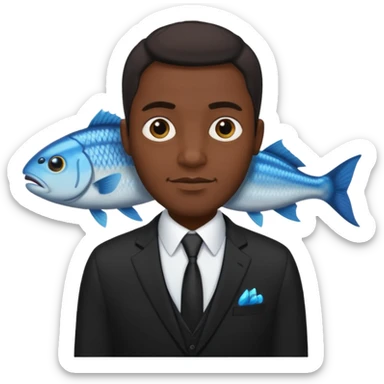 A man dressed in a black suit. His face is that of a fish — therefore, he has NO human face!! The fish’s face is positioned vertically, meaning its mouth is facing upward. Ok? sticker