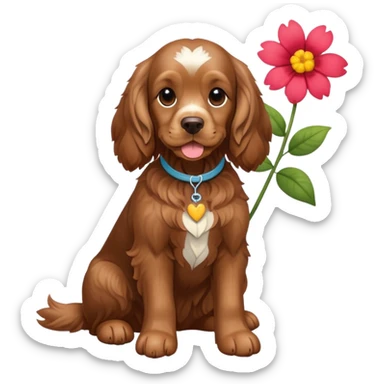 Full body shot of a brown cocker spaniel sitting happily with a flower sticker