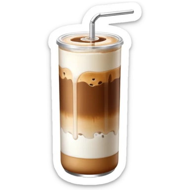 A tall transparent can of iced latte with a silver pull-tab lid. Brown coffee on top with ice, smooth white milk in the middle, and a light amber syrup layer at the bottom. “MAISON MOKA” written vertically in white on the can.

 sticker