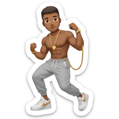 Handsome Black guy with brown skin tone, with muscular build, wearing gray sweatpants, a white t-shirt, white Air Force Ones sneakers, a small gold rope chain, and a gold watch  sticker